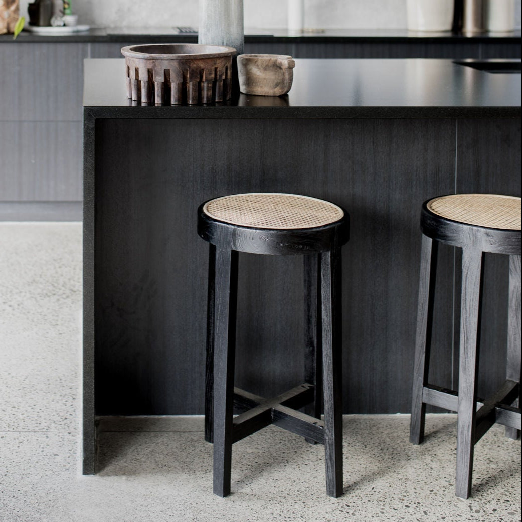 Black Bar Stool with Natural Rattan Seat (65cm high)