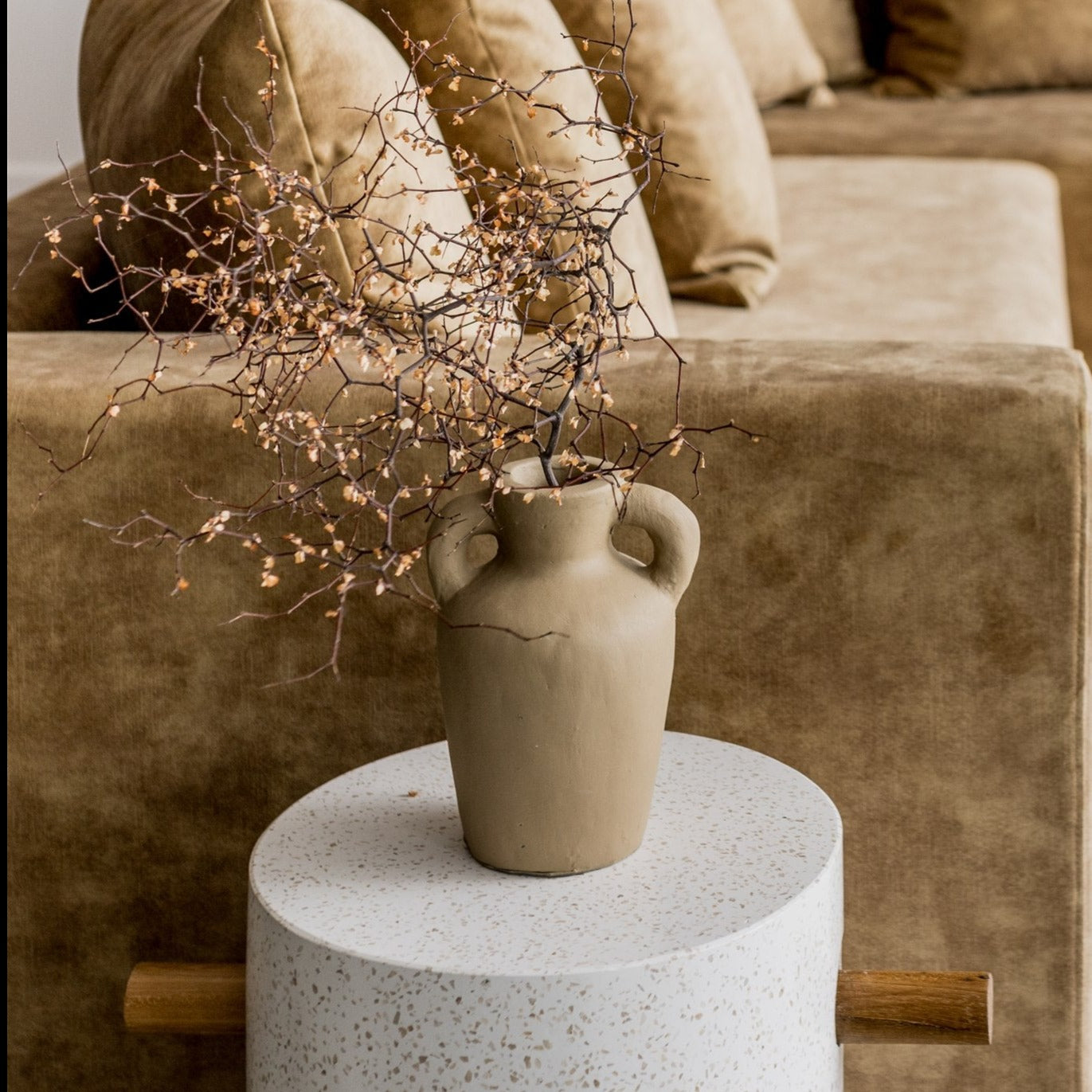 small brown jug with handles and dried flowers with a gold sunset sofa by corcovado