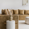 gold velvet sunset sofa and kansas floor rug and oversized indoor pots by corcovado furniture