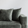 close up front view of the sunset 4 seater sofa made in new zealand shown in jade green velvet